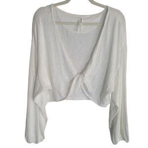 Anthropologie Twist Front Cropped Sweater Women's 1X White Balloon Sleeve Casual